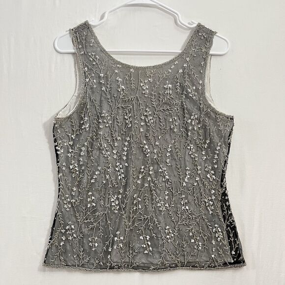 Y2k 90s Vintage Tank Black Mesh Beades Sequin Sheer Sz S/M - Picture 2 of 7